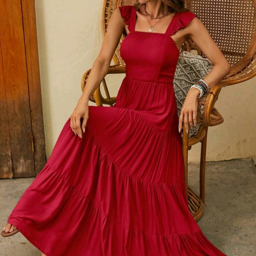 Solid Red Ruffle Hem Long Dress - Picture 2 of 9